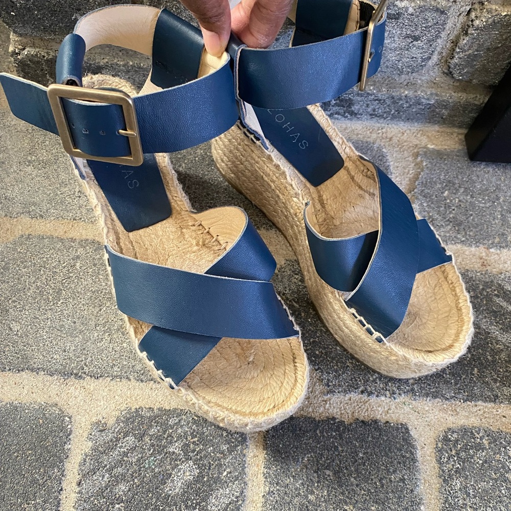Blue Leather Wedge Sandals Size 6